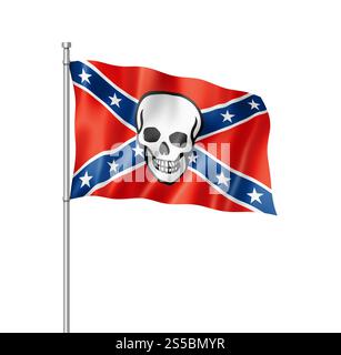 Drapeau confédéré avec crâne, rendu tridimensionnel, isolé sur blanc. Drapeau de la mort confédéré isolé sur blanc Banque D'Images