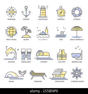 Croisière ou vacances d'été icônes de ligne plate. Symboles isolés d'ancre de bateau et de baleine ou masque de plongée en apnée et bouée de sauvetage, phare de mer pour des vacances à la plage de l'océan. Icônes de croisière ou de vacances d'été Illustration de Vecteur