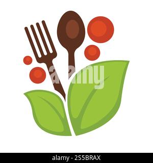 Logo de nourriture végétalienne pour le menu végétarien de café ou de restaurant. Feuille de salade verte vectorielle, légume de tomate et fourchette ou cuillère pour modèle de conception de cuisine végétarienne. Cuillère et fourchette de vecteur de feuille végétale de nourriture végétalienne Illustration de Vecteur