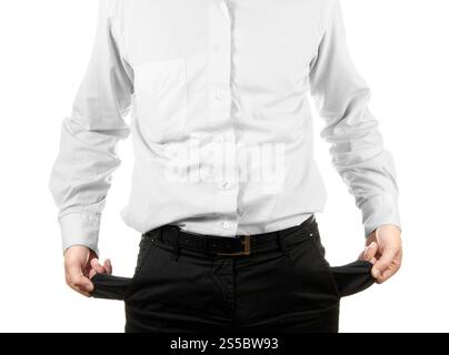 Homme d'affaires montrant sa poche vide isolé sur fond blanc. Homme d'affaires montrant sa poche vide Banque D'Images