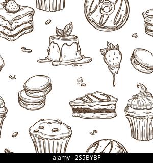 Fond de motif d'esquisse de gâteaux et de desserts. Croissant au chocolat de pâtisserie sans couture vectoriel, pain de crème glacée et muffin aux fruits, macaron ou brownie tiramisu et cheesecake pour la conception de pâtisserie et de cafétéria. Fond de motif d'esquisse de vecteur de gâteaux de dessert Illustration de Vecteur