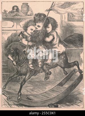 L'illustration antique en noir et blanc montre des enfants balancer sur un cheval à bascule. Dessin vintage montre les enfants balancer sur le cheval à bascule. Ancien Banque D'Images