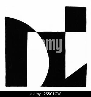 composition géométrique abstraite en noir et blanc dessinée à la main avec de la peinture noire sur papier blanc Banque D'Images