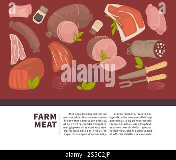 Affiche des produits de viande de ferme de saucisses et charcuterie de boucherie pour magasin ou marché. Salami vecteur ou poitrine et cervelat, pepperoni ou saucisse de foie, filet de porc ou steak de bœuf et bacon de jambon. Affiche vectorielle de produits de viande et de saucisses de ferme pour magasin ou marché d'épicerie fine de boucherie Illustration de Vecteur