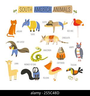 Dessins animés animaux et oiseaux sud-américains pour la conception d'enfants. Vecteur drôle zoo de jaguar, tapir ou paresseux et cingulata ou ibis rouge avec harpie et capybara ou toucan et pélican. Conception de dessin animé vectoriel d'animaux sud-américains Illustration de Vecteur