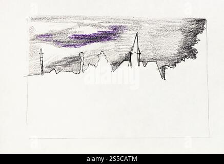 Esquisse de la ville de Gatchina skyline Russie avec le palais du Prieuré sous le ciel noir à la main dessiné avec un stylo noir et des crayons de couleur sur vieux blanc Banque D'Images