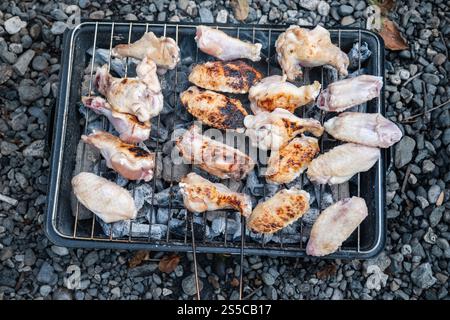 Barbecue extérieur Feast, Grill Time, variété de morceaux de poulet cru, y compris des pilons et des ailes, grésillez sur un petit gril sur du charbon chaud Banque D'Images