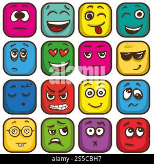 Ensemble d'émoticônes colorées, emoji plat carré. Illustration vectorielle.. Ensemble d'émoticônes colorées, emoji plat carré. Illustration de Vecteur