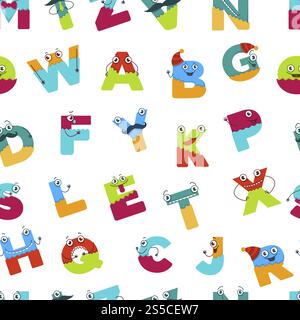 Alphabet signes alphabétiques pour que les enfants apprennent le vecteur de modèle sans couture. Lettres ayant les mains et les yeux, visages d'abdos à étudier et mémoriser rapidement. Éducation et étude des langues, style enfantin. Alphabet signes alphabétiques pour que les enfants apprennent vecteur Illustration de Vecteur