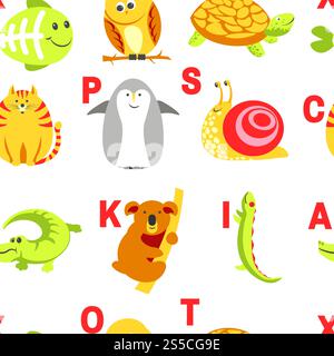 Alphabet animaux et lettres matériel d'étude pour enfants vecteur. U pour licorne, chien et hérisson, souris et chat, poisson et tortue, escargot et alligator. Modèle sans couture avec abc pour les petits enfants à apprendre. Alphabet animaux et lettres matériel d'étude pour enfants vecteur. Illustration de Vecteur