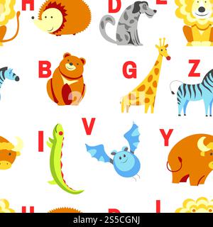 Alphabet animaux et lettres matériel d'étude pour enfants vecteur. U pour licorne, chien et hérisson, souris et chat, poisson et tortue, escargot et alligator. Modèle sans couture avec abc pour les petits enfants à apprendre. Alphabet animaux et lettres matériel d'étude pour enfants vecteur. Illustration de Vecteur