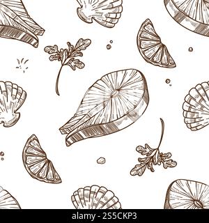 Morceau de saumon, tranche de citron et vert frais monochrome motif sans couture. Délicieux poissons, agrumes et persil dessins plats isolés de dessin animé illustrations vectorielles sur fond blanc.. Morceau de saumon, tranche de citron et motif monochrome de verdure fraîche Illustration de Vecteur