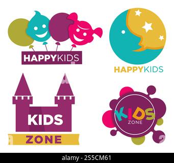 Club d'enfants avec divertissements des emblèmes promotionnels lumineux ont défini une illustration vectorielle plate de dessin animé isolée sur fond blanc. Logotypes de zone d'enfants avec des mains humaines, des visages drôles et une demi-lune.. Place des enfants avec divertissements des emblèmes promotionnels lumineux définis illustration vectorielle plate de dessin animé isolée sur fond blanc Illustration de Vecteur