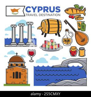 Affiche promotionnelle de destination de voyage Chypre avec des symboles nationaux. Piliers blancs, nourriture traditionnelle, tonneau de vin, haute mer, instrument à cordes et authentiques illustrations vectorielles d'église en brique. Affiche promotionnelle de destination de voyage Chypre avec des symboles nationaux Illustration de Vecteur