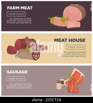 Bannières de produits à base de viande de saucisses et charcuterie de boucherie. Salami vectoriel ou poitrine et cervelat, pepperoni ou saucisse de foie, filet de porc ou steak de bœuf et bacon de jambon pour la conception de maison de viande. Saucisses de viande de ferme et bannières web vectorielles de boucherie delicatessen Illustration de Vecteur