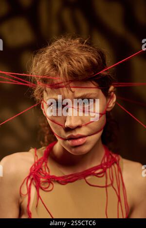 Portrait vertical d'une jeune femme adulte regardant la caméra agressivement, elle portant une couronne faite de fils Banque D'Images