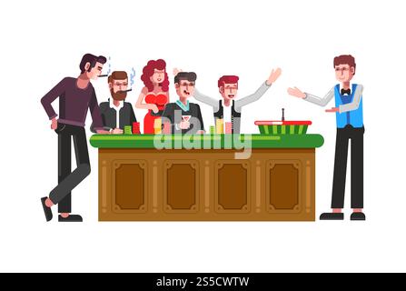 Table pour roue de roulette avec joueurs et croupier. Les gens en costumes élégants et robes jouent avec de l'argent. Les hommes et les femmes au casino isolé illustration vectorielle plate de dessin animé sur fond blanc.. Table pour roue de roulette avec joueurs et croupier Illustration de Vecteur