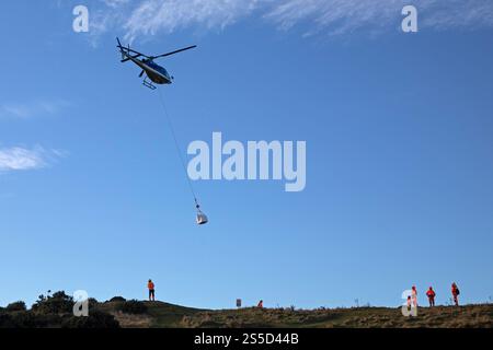 Arthur's Seat Édimbourg, Écosse, Royaume-Uni. 14 janvier 2025. Un hélicoptère effectuant plusieurs voyages pour livrer du matériel en préparation pour réparer le chemin en zig zag qui mène du parc Holyrood jusqu'à juste en dessous du sommet du lieu touristique populaire, le nombre enrmous de visiteurs au parc Holyrood provoque une érosion constante des chemins du parc. Pour des raisons de sécurité, la High Road et le trottoir seront partiellement fermés du 14 au 17 janvier 2025 0800 au 1600. Credit : Arch White/Alamy Live news Banque D'Images
