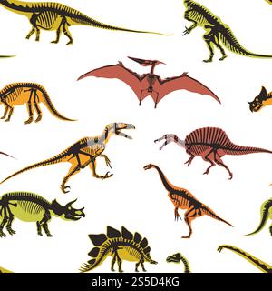 Dinosaures et ptérodactyle types d'animaux sans couture modèle isolé sur fond blanc vecteur. Monstres préhistoriques Dino, jurassique période, reptiles tyrannosaurus antique, triceratops diplodocus. Dinosaures et ptérodactyl types d'animaux vecteur de motif sans couture Illustration de Vecteur