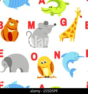 Alphabet animaux et lettres matériel d'étude pour enfants vecteur. U pour licorne, chien et hérisson, souris et chat, poisson et tortue, escargot et alligator. Modèle sans couture avec abc pour les petits enfants à apprendre. Alphabet animaux et lettres matériel d'étude pour enfants vecteur. Illustration de Vecteur