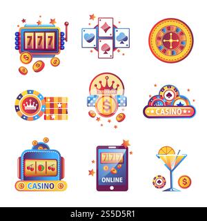 Modèles de logos de jeux de poker de casino pour la publicité de Paris de jeu sur Internet en ligne. Icônes vectorielles de cartes à jouer de casino, dés ou jetons de jeu et roulette de jackpot numéros Lucky 7 et pièces de gain d'or. Icônes vectorielles de jeu de poker Casino Illustration de Vecteur