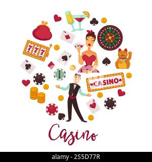 Emblème rond du casino avec équipement de jeu. Cartes à jouer, pièce d'or, jetons de poker, roue de roulette, écran de machine à fruits, cocktails savoureux, croupier amical et illustrations vectorielles élégantes de femme.. Emblème promo rond de casino avec équipement de jeu Illustration de Vecteur
