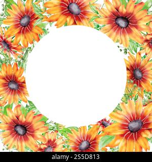 Yellow flowers with green branches in a wreath. set. Watercolor digital illustration. Sunflowers and rudbeckia in a bouquet with gypsophila isolated o Banque D'Images