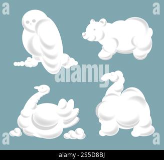 Silhouettes nuageuses d'animaux et d'oiseaux. Ensemble de dessin animé vectoriel de hibou, ours et cygne ou chameau. Nuage silhouettes animaux et oiseaux vecteur ensemble Illustration de Vecteur