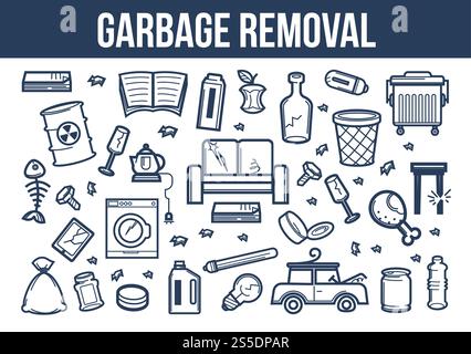 Ensemble d'enlèvement des ordures d'appareils en ruine et de meubles avec litière. Croquis de contour monochromes de déchets et de restes alimentaires. Illustrations vectorielles plates de dessins animés de déchets sales domestiques et industriels.. Ensemble d'enlèvement des ordures d'appareils en ruine et de meubles avec litière Illustration de Vecteur
