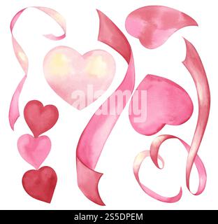 Ensemble de rubans et coeurs. Aquarelle peinte à la main Banque D'Images