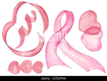 Ensemble de rubans et coeurs. Aquarelle peinte à la main Banque D'Images