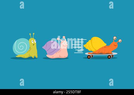Escargots rapides et lents. Escargot avec roues dépasse les autres en course. Avantages concurrentiels concept de vecteur d'affaires. Escargot coloré avec maison de coquillage, limace en mouvement illustration. Escargots rapides et lents. Escargot avec roues dépasse les autres en course. Avantages concurrentiels concept de vecteur d'affaires Illustration de Vecteur
