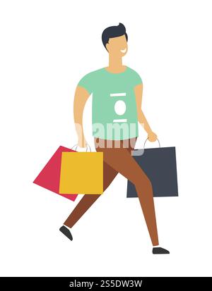 Homme sur les promenades de shopping avec des paquets de papier plein. Guy porte des sacs avec des marchandises et des vêtements. Personnage masculin en T-shirt et pantalon avec des achats dans des boutiques et des magasins illustration vectorielle isolée.. Homme sur les promenades de shopping avec des paquets de papier plein Illustration de Vecteur