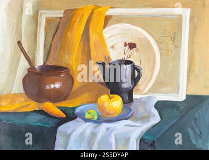 encore la vie avec pot, bouilloire, carotte, pommes et cadre d'image peint à la main avec des peintures de tempera sur le papier Banque D'Images