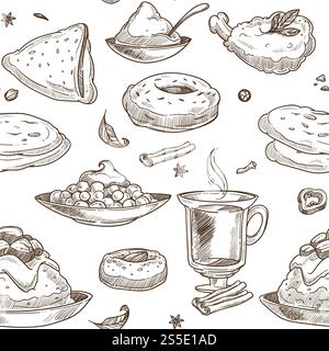 Fond de modèle d'esquisse de cuisine indienne. Conception sans couture vectorielle de poulet traditionnel indien au grill tandoori, riz au curry ou légumes pilaf et soupe samosa ou masala et thé avec des desserts au safran. Modèle sans couture de vecteur de cuisine indienne Illustration de Vecteur
