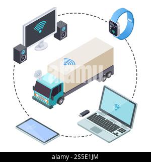 Suivi en temps réel pour vos camions de fret illustration vectorielle isométrique. Suivi en temps réel pour camions de fret isométrique Illustration de Vecteur