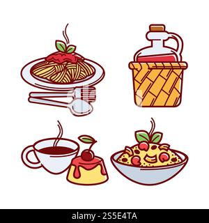 Pâtes et huile d'olive dans la bouteille en verre et le panier, macaroni avec des icônes de repas d'herbes vecteur. Tarte de boulangerie gâteau au porridge et dessert avec garniture et cerise douce comme décoration sur le dessus. Tasse à café ou à thé. Pâtes et huile d'olive, vecteur de set isolé de farine de macaroni Illustration de Vecteur