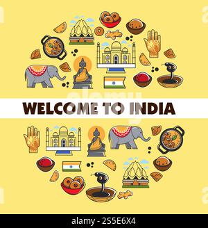 Affiche promotionnelle de la culture indienne avec des symboles nationaux. Attributs religieux, constructions architecturales, cuisine épicée et animaux exotiques dans l'illustration vectorielle de bande dessinée de bannière commerciale de grand cercle .. Affiche promotionnelle de la culture indienne avec des symboles nationaux. Attributs religieux, constructions architecturales Illustration de Vecteur