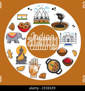 Affiche promotionnelle de la culture indienne avec des symboles nationaux. Attributs religieux, constructions architecturales, cuisine épicée et animaux exotiques dans l'illustration vectorielle de bande dessinée de bannière commerciale de grand cercle .. Affiche promotionnelle de la culture indienne avec des symboles nationaux. Attributs religieux, constructions architecturales Illustration de Vecteur
