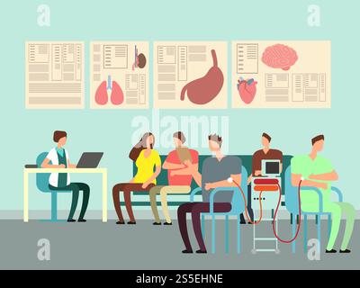 Concept de vecteur de transfusion sanguine. Illustration de don avec des gens de dessin animé dans le cabinet du médecin. Don médical hospitalier, illustration de la santé de la médecine. Concept de vecteur de transfusion sanguine. Illustration de don avec des gens de dessin animé dans le cabinet du médecin Illustration de Vecteur