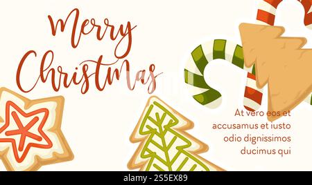 Affiche de joyeux Noël avec échantillon de texte et symboles de biscuits et de bonbons vecteurs collations et bonbons sur la célébration des vacances d'hiver desserts sucette et repas cuit au four sous forme de pin d'épinette et d'étoile .. Affiche de joyeux Noël avec échantillon de texte et symboles Illustration de Vecteur