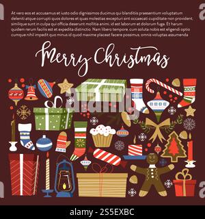 Joyeux Noël présents et symboles de cadeaux vectoriels de vacances d'hiver et de chaussettes boules et étoiles biscuit de pain d'épice sous forme d'arcs de décoration d'homme et d'épicéa de pin et de bâtons de bonbons ensemble de sucette .. Joyeux Noël cadeaux et symboles des vacances d'hiver Illustration de Vecteur