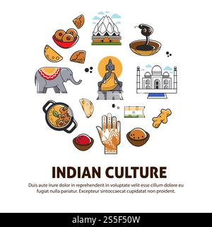 Affiche promotionnelle de la culture indienne avec des symboles nationaux. Attributs religieux, constructions architecturales, cuisine épicée et animaux exotiques dans l'illustration vectorielle de bande dessinée de bannière commerciale de grand cercle .. Affiche promotionnelle de la culture indienne avec des symboles nationaux. Attributs religieux, constructions architecturales Illustration de Vecteur