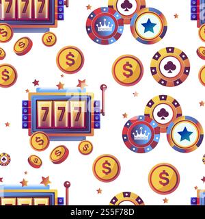 Jeux de casino et vecteur de modèle transparent de pièces de dollar. 777 et roulette avec des images, cocktail avec tranche d'orange et cartes, diamants et pique. Chance à jouer à des jeux pour gagner de l'argent. Jeux de casino et vecteur de modèle transparent de pièces de dollar. Illustration de Vecteur