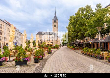 Une place pittoresque de la ville à Dessau bordée de cafés, de fleurs colorées, et une tour de l'horloge proéminente de l'hôtel de ville sous un ciel nuageux, Dessau, Allemagne Banque D'Images