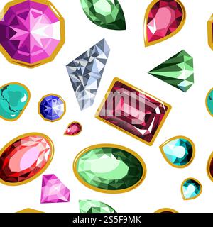 Pierres précieuses et diamants, vecteur de modèle sans couture de pierres précieuses. Produits riches en cristal dans des cadres en or, des bijoux, des objets à la mode et coûteux. Karats étincelants et facettes de pierres précieuses. Pierres précieuses et diamants, vecteur de modèle sans couture de pierres précieuses. Illustration de Vecteur
