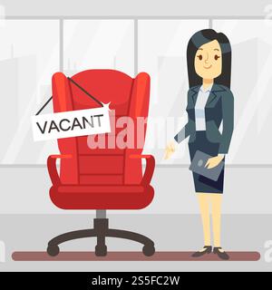 Mignon personnage de dessin animé gestionnaire RH et chaise de patron vide. Emploi, vacance et embauche concept de vecteur d'emploi. Illustration de la chasse de tête du responsable RH vers un endroit vacant. Mignon personnage de dessin animé gestionnaire RH et chaise de patron vide. Emploi, vacance et embauche concept de vecteur d'emploi Illustration de Vecteur