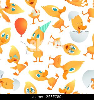 Motif canards de bande dessinée. Fond transparent avec des oiseaux drôles de bande dessinée. Personnage de mascotte d'oiseau vectoriel, illustration de canetons de mammifères sauvages. Motif canards de bande dessinée. Fond transparent avec des oiseaux drôles de bande dessinée Illustration de Vecteur