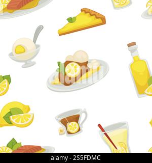 Citron et limonade, huile dans un modèle sans couture de bouteille en verre isolé sur un vecteur de fond blanc. Nourriture, fruits rafraîchissants, agrumes au goût aigre. Crème glacée avec saveur, boire avec des tranches et de la paille. Citron et limonade, huile dans un modèle sans couture de bouteille en verre isolé sur un vecteur de fond blanc. Illustration de Vecteur