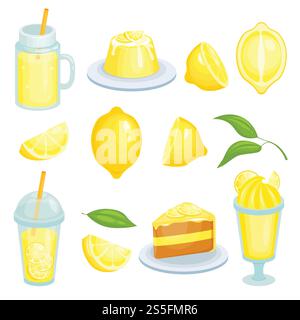 Nourriture au citron. Gâteaux, limonade et autres aliments jaunes avec ingrédient citron. Illustrations vectorielles dans le style de dessin animé, aliments frais avec citron, tarte et juteux. Nourriture au citron. Gâteaux, limonade et autres aliments jaunes avec ingrédient citron. Illustrations vectorielles dans le style de dessin animé Illustration de Vecteur